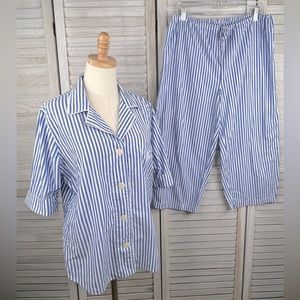 RALPH LAUREN Capri Pajama Set Monogrammed Pocket Blue/White Stripe-Large